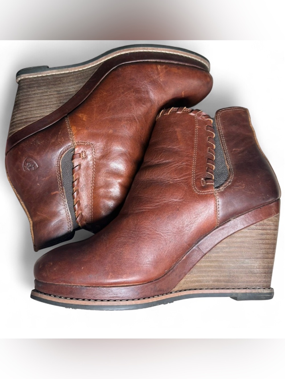 Ariat Brown Leather Wedge Ankle Boots Western Boho Cowgirl Booties Women’s 9.5B